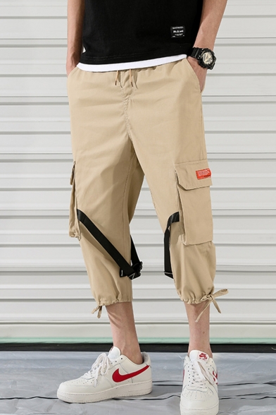 Summer New Fashion Simple Plain Buckle Strap Embellished Cropped Sports Cargo Pants with Side Pocket