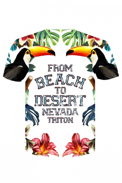 Summer New Stylish Letter FROM BEACH TO DESERT Bird Floral Pattern Round Neck Short Sleeve White T-Shirt