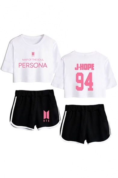 Summer's Athletic Style 94 Letters Print Patterns Short Sleeve Crop Tee with Elastic Dolphin Shorts Co-ords for Girls