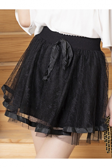 Trendy Black Elastic Waist Bow Front Patch Pleated Mini Flared Mesh Skirt