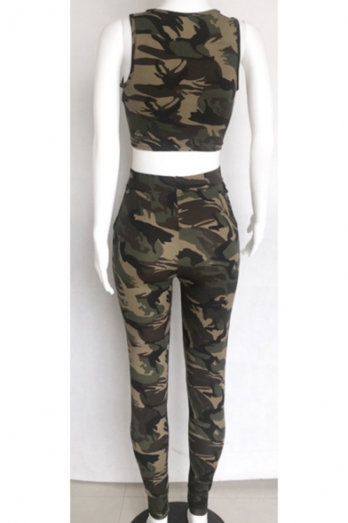 Trendy Sleeveless Knotted Front with Elastic Waist Pants Skinny Fit Camo Two Piece Set