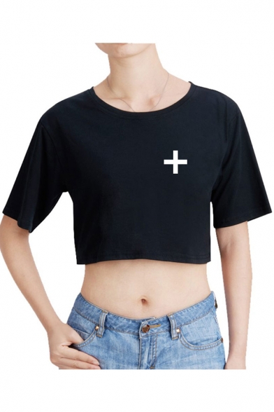 TXT Cool Simple Logo Printed Round Neck Short Sleeve Crop Tee for Women