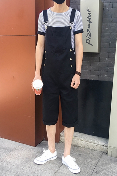 Unisex Simple Fashion Solid Color Button Embellished Casual Cropped Bib Overalls