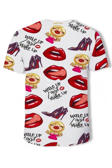 White Short Sleeve Round Neck Red Lip High Heels Girl Printed Funny Tee