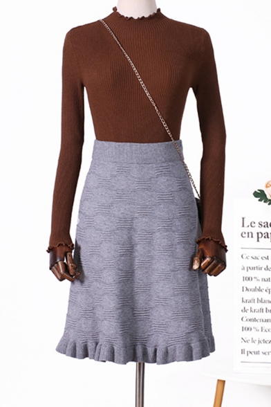 Winter Fashion Solid Color Ruffle Hem Geometrical Pattern Jersey Mini A-Line Skirt