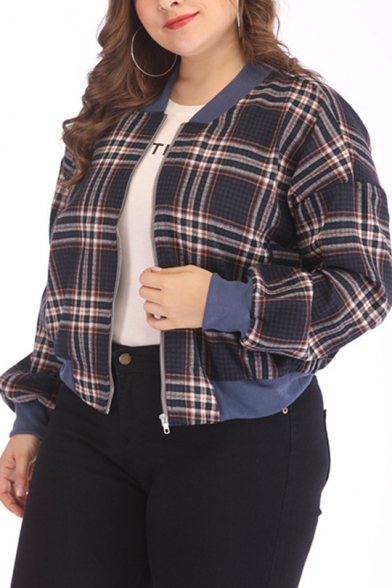 Women Boxy Color-Block Plaid Pattern Stand Collar Long Sleeve Casual Cropped Jacket