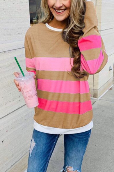 Women's Color block Stripe Print Long Sleeve Round Neck Sweatshirt