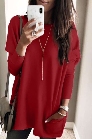 Women's New Fashion Solid Color Round Neck Long Sleeve Loose Fit T-Shirt with Pocket