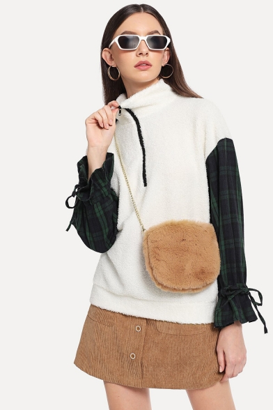 Women's New Fashion Zippered Stand Collar Check Printed Long Sleeve Fluffy Fleece Sweatshirt