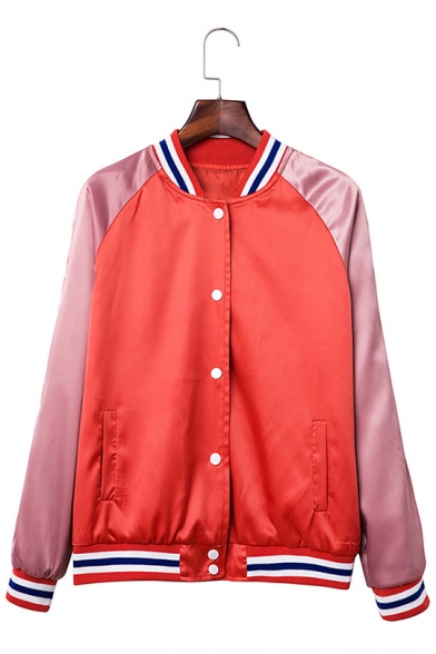 Womens Fashion Classic Red Colorblock Rib Stand Collar Button Down Baseball Jacket