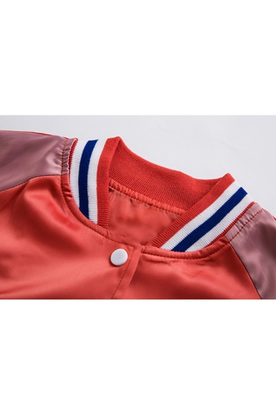 Womens Fashion Classic Red Colorblock Rib Stand Collar Button Down Baseball Jacket