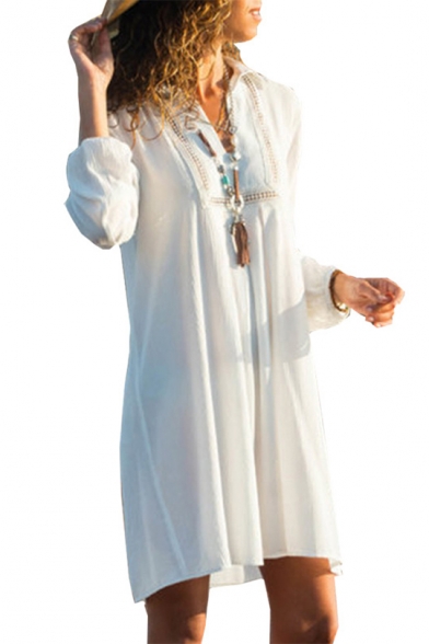 Womens New Fashion Lapel Collar Long Sleeve Guipure Plain Empire Waist Midi Dress