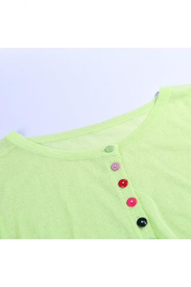 Womens New Fashion Round Neck Plain Long Sleeve Button Down Loose Knitwear Green T-Shirt