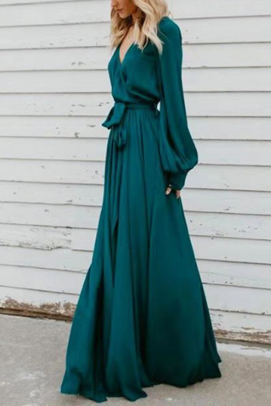 Womens New Fashion V-Neck Long Sleeve Bow-Tied Waist Slit Plain A-Line Maxi Enevning Dress