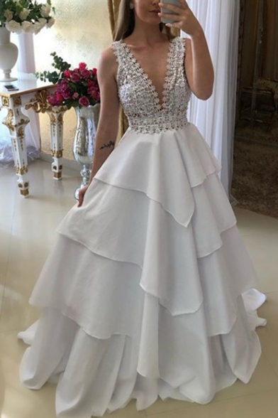 Womens New Trend V-Neck Sleeveless Panelled Tiered Backless White Eneving Maxi Flare Floor Length Dress
