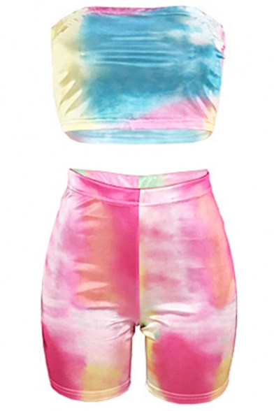 Womens Pub Styles Ombre Strapless Top High-Waist Skinny Bermuda Shorts Two-Piece Set