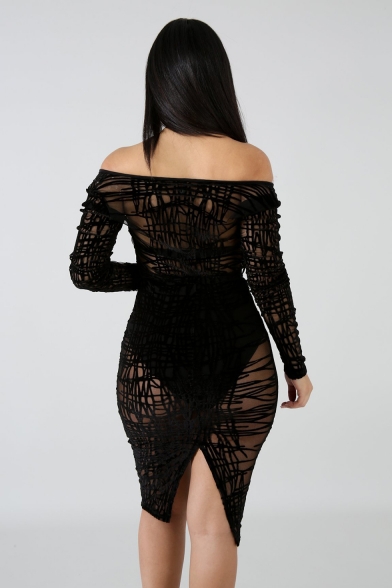 Womens Sexy Black Transparent Lace Plunge V-Neck Long Sleeve Midi Bandage Dress