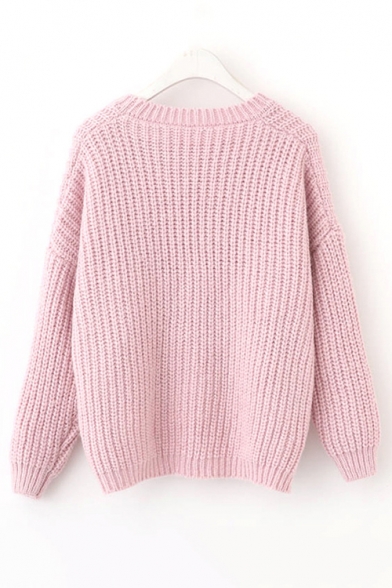 Womens Simple Plain Round Neck Drop Sleeve Loose Knitted Sweater
