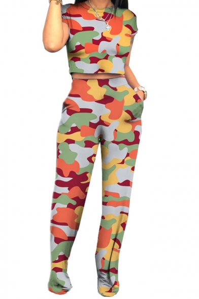 Womens Stylish Stripe Camo Printed Short Sleeve Crop Tee with Pants Two-Piece Set