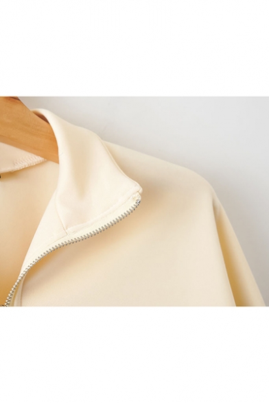 Womens Trendy Khaki Lapel Collar Long Sleeve Colorblock Zip Up Jacket