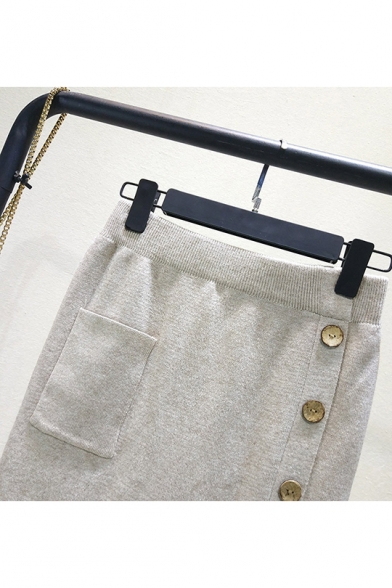 Womens Trendy Plain Button Down Side Single Pocket Midi Knit Pencil Skirt