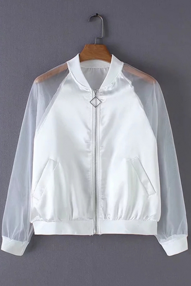 Womens Unique Transparent Mesh Panel Long Sleeve Stand Collar Plain Zip Up Sunscreen Jacket