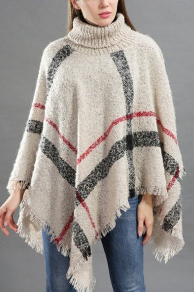 Autumn Winter Stripes Print Roll Neck Cape Knitted Sweater for Women