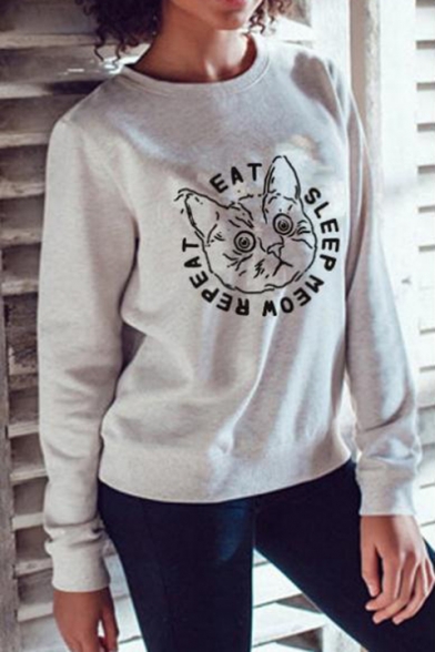Cat Letter Printed Long Sleeve Round Neck Casual Leisure Grey Pullover Sweatshirt