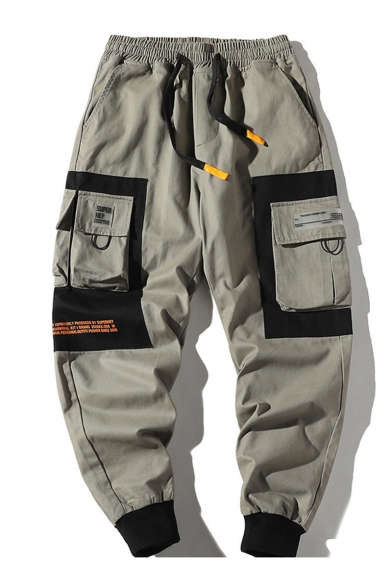 Cool Fashion Colorblock Multi-pocket Drawstring Waist Mens Trendy Sports Cargo Pants