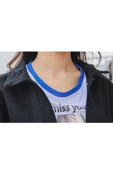 Cool Letter Embroidery Sequined Patch Back Ripped Black Button Denim Coat Jacket