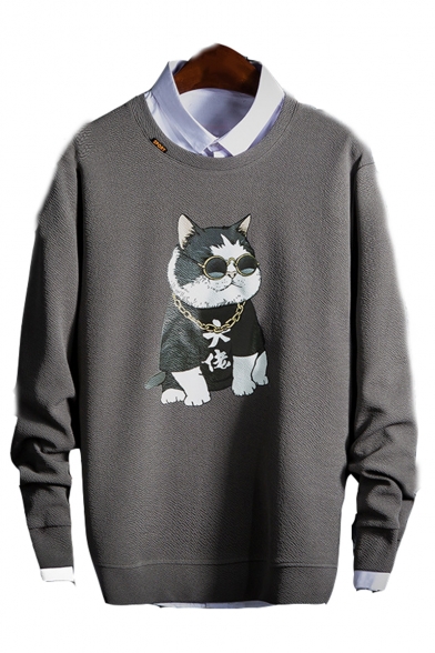 Cute Cartoon Cat Letter HEART Printed Long Sleeve Round Neck Mens Casual Pullover Sweatshirts