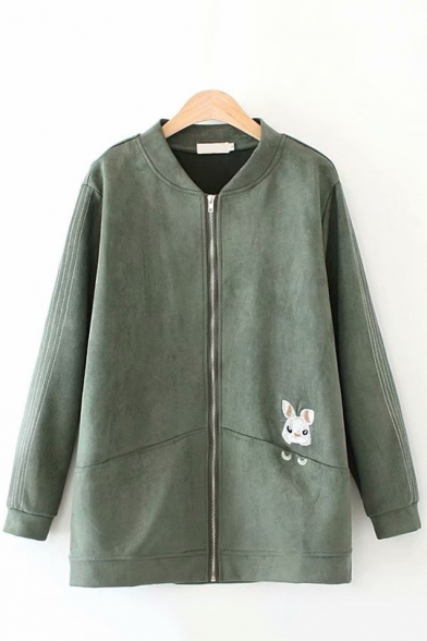 Cute Embroidery Rabbit Printed Stand Collar Zip Up Mid-Length Suede Coat Jacket