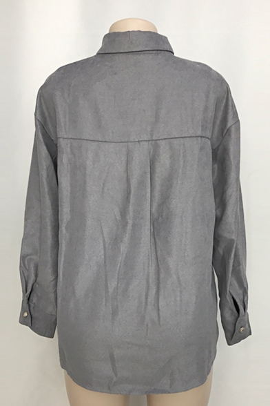 Fashion Cartoon Figure Printed Lapel Collar Long Sleeve Button Down Grey Shirt Jacket for Women