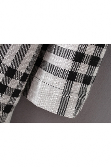 Fashion Plaid Pattern Notch Lapel Pocket Front Single Button Longline Trench Coat
