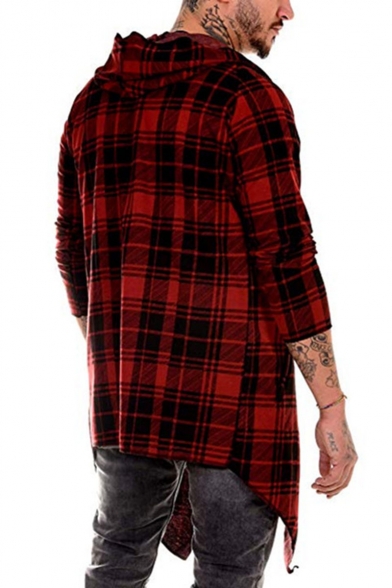 Fashionable Plaid Printed Long Sleeve Hooded Open Front Longline Trench Coat for Men