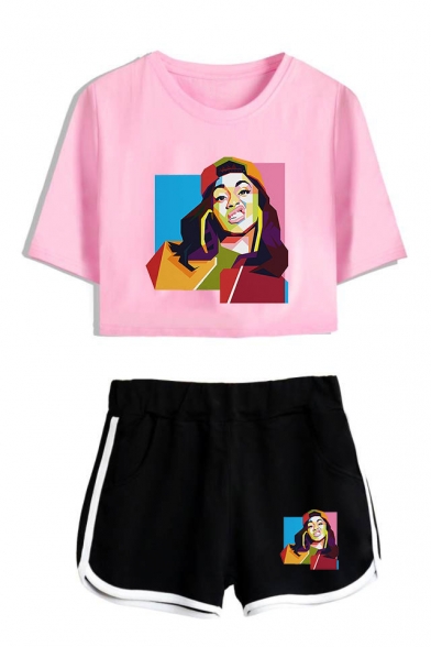 Funny Colorful Geometric Figure Print Short Sleeve Crop Tee with Loose Dolphin Shorts Two-Piece Set Co-ords