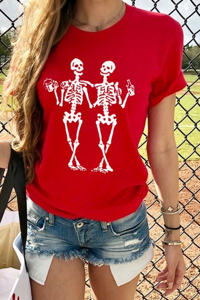 Girls Unique Creative Skull Pattern Round Neck Short Sleeve Casual T-Shirt