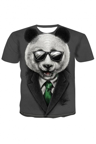 Grey Short Sleeve Round Neck Funny 3D Blazer Panda Printed Cool Unique T Shirt
