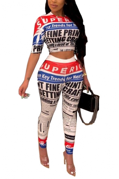 Half Sleeve Cropped Tee with High Waist Pants Colorblock Letter Printed Slim Two Piece Set