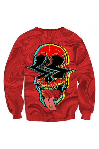 Halloween Fashion Skull Tongue 3D Printed Red Long Sleeve Round Neck Pullover Sweatshirt