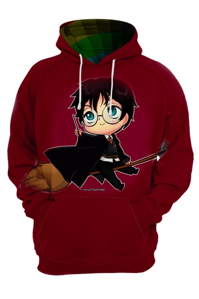 Harry Potter Cartoon Character 3D Printed Long Sleeve Loose Fit Red Pullover Hoodie