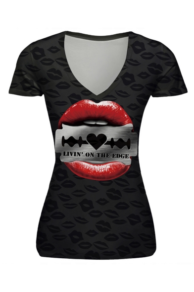Hot Fashion LIVIN ON THE EDGE Letter Lip Printed V-Neck Short Sleeve Black T-Shirt