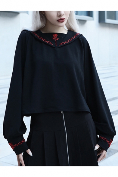 Hot Popular Black Embroidered Flower Square Neck Long Sleeve Pullover Sailor Sweatshirt