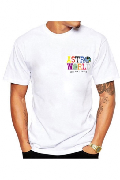 Hot Popular Letter ASTROWORLD Print Short Sleeve Round Neck White T-Shirt for Guys