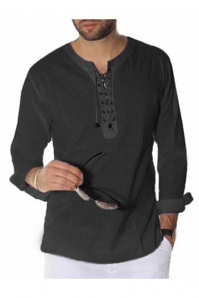 Hot Popular Mens Long Sleeve Lace Up Front Leisure Knitted T-Shirt