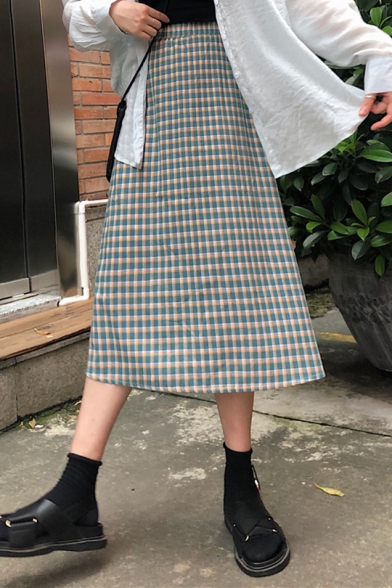 Hot Popular Womens Elastic Waist Check Printed Classic Midi A-Line Skirt