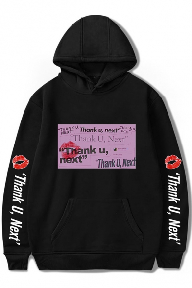 Hot Trendy Womens Long Sleeve THANK U NEXT Letter Lip Printed Pullover Hoodie with Pocket
