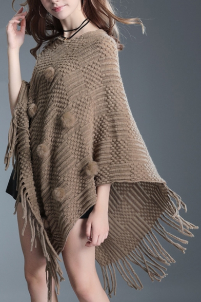 Ladies Fashion Plain Lint Tassel Hem Ribbed Knit Cape Sweater
