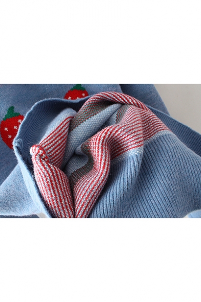 Ladies Lovely Strawberry Print Round Neck Long Sleeve Boxy Sweater