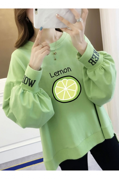 Lemon Letter Lemon Printed Round Neck High Low Long Sleeve Loose Pullover Sweatshirt